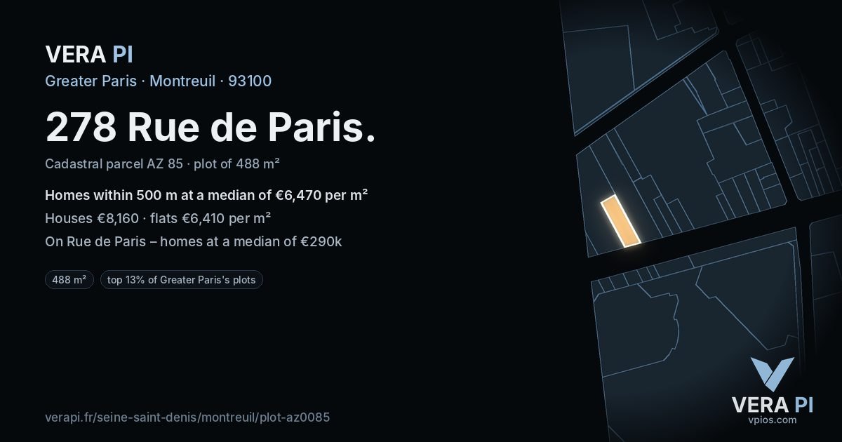278 Rue de Paris, Montreuil at night – the plot lit, the parcels around coloured by the prices near them