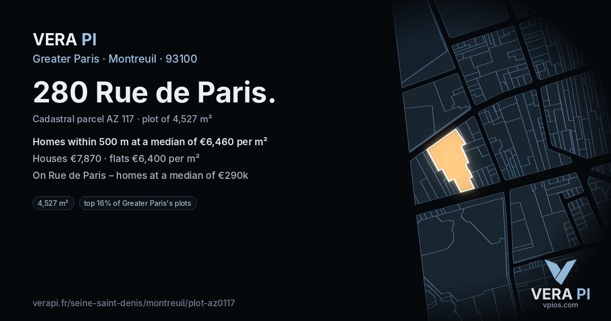 280 Rue de Paris, Montreuil at night – the plot lit, the parcels around coloured by the prices near them