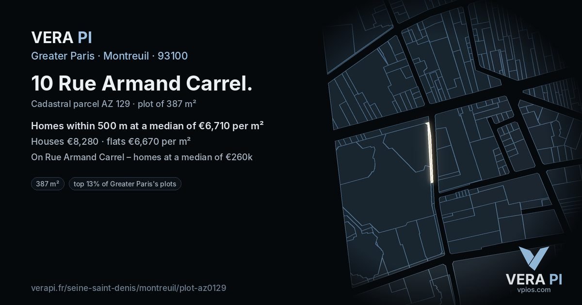 10 Rue Armand Carrel, Montreuil at night – the plot lit, the parcels around coloured by the prices near them