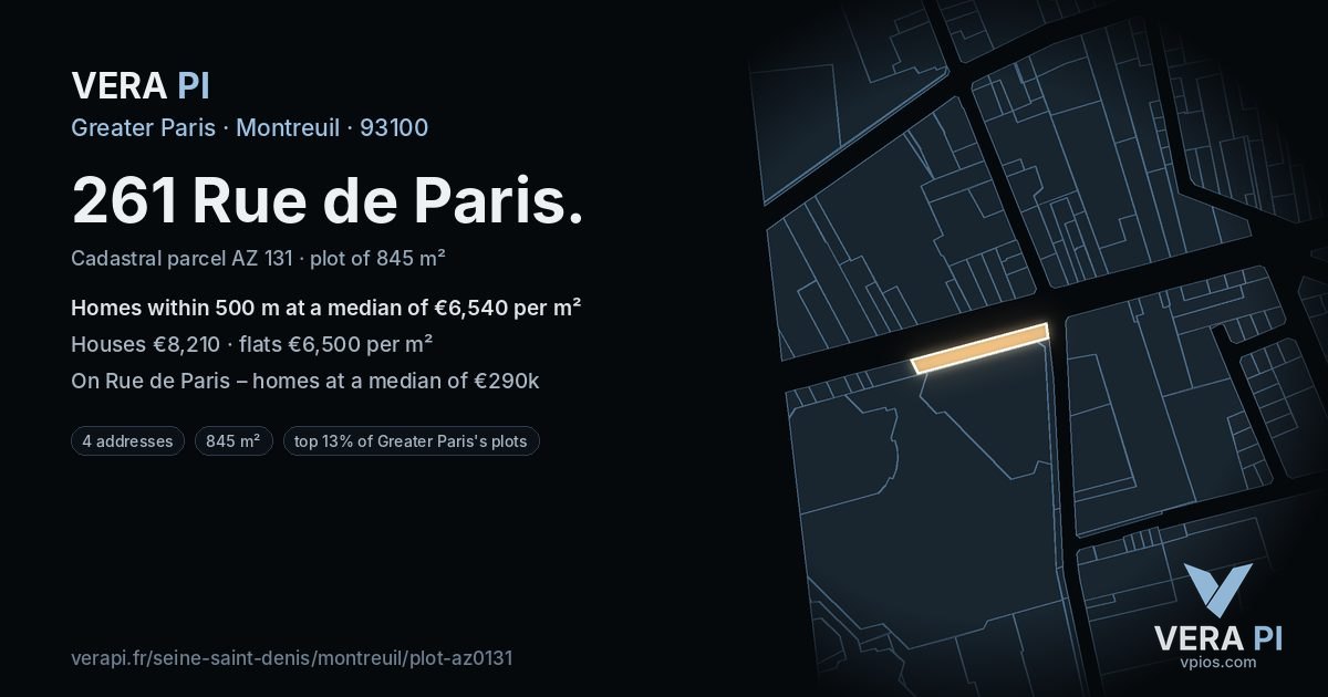 261 Rue de Paris, Montreuil at night – the plot lit, the parcels around coloured by the prices near them