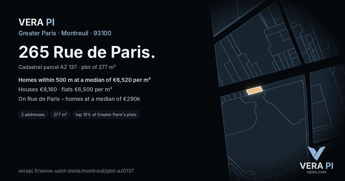 265 Rue de Paris, Montreuil at night – the plot lit, the parcels around coloured by the prices near them
