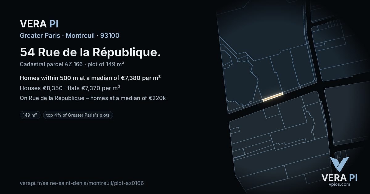 54 Rue de la République, Montreuil at night – the plot lit, the parcels around coloured by the prices near them