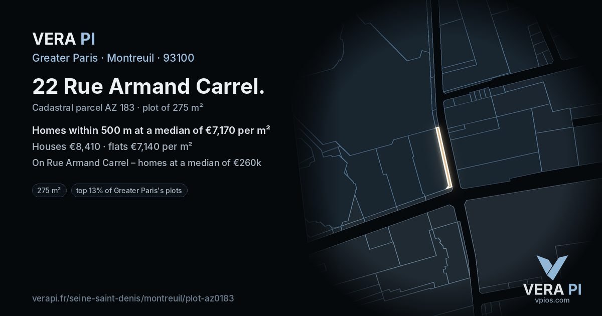 22 Rue Armand Carrel, Montreuil at night – the plot lit, the parcels around coloured by the prices near them