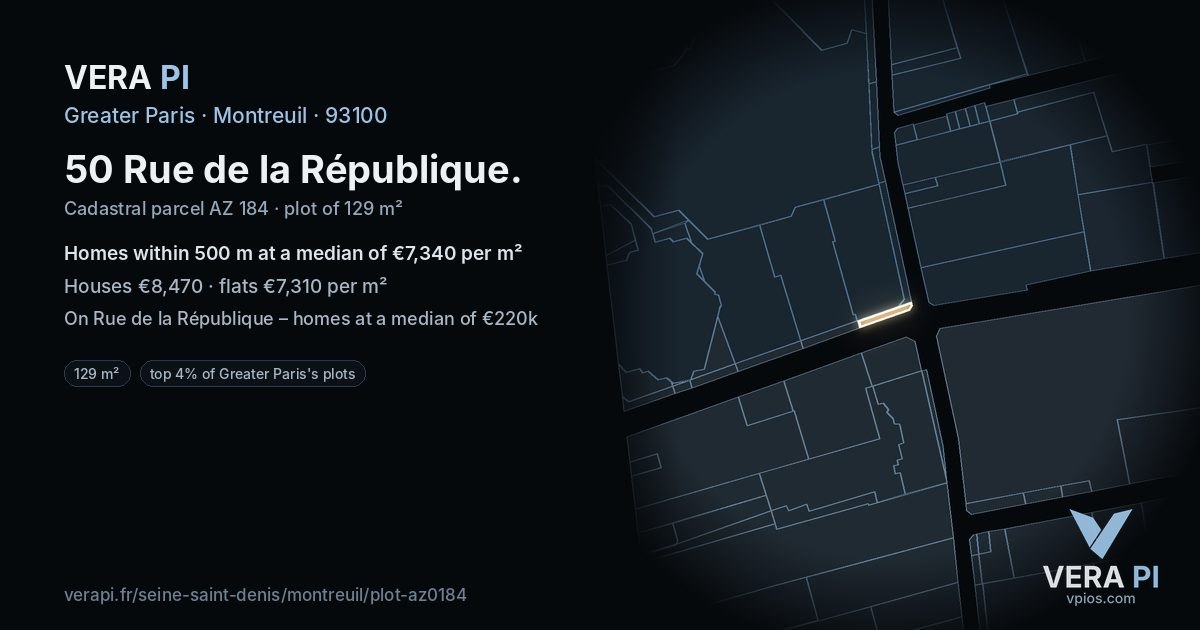 50 Rue de la République, Montreuil at night – the plot lit, the parcels around coloured by the prices near them