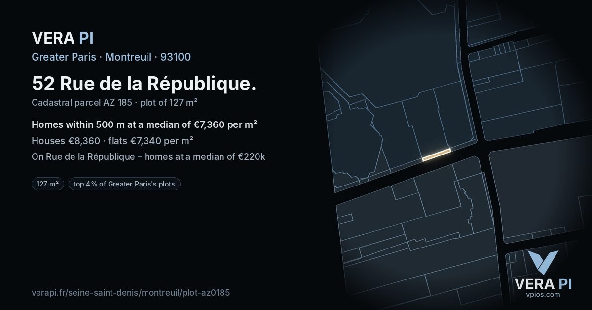 52 Rue de la République, Montreuil at night – the plot lit, the parcels around coloured by the prices near them