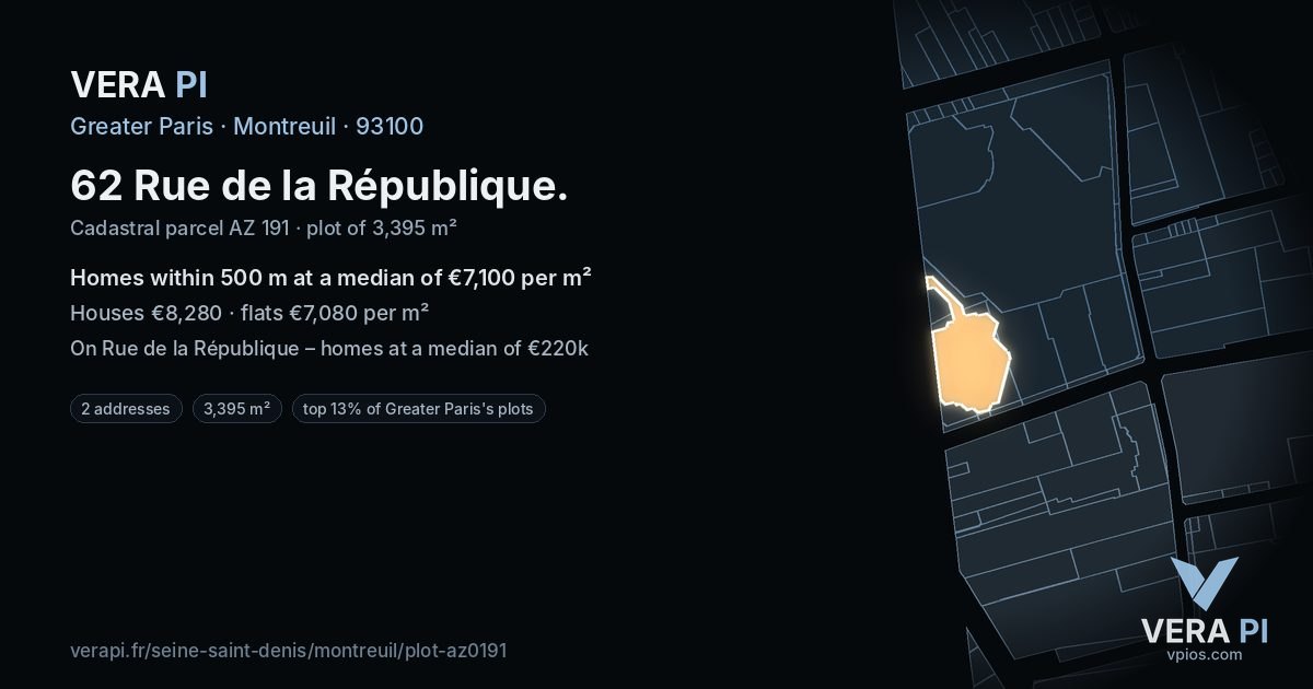 62 Rue de la République, Montreuil at night – the plot lit, the parcels around coloured by the prices near them