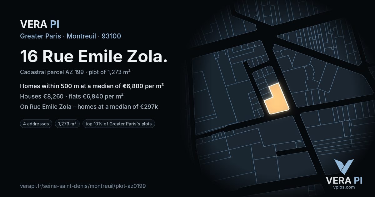 16 Rue Emile Zola, Montreuil at night – the plot lit, the parcels around coloured by the prices near them