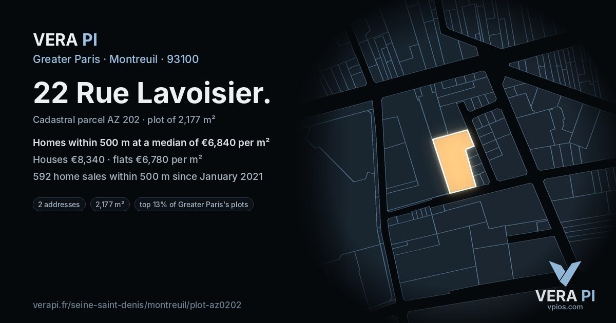 22 Rue Lavoisier, Montreuil at night – the plot lit, the parcels around coloured by the prices near them