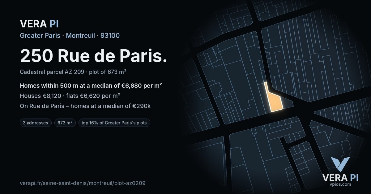 250 Rue de Paris, Montreuil at night – the plot lit, the parcels around coloured by the prices near them