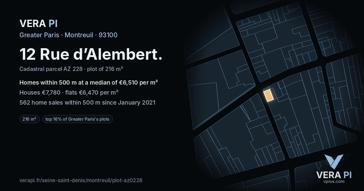 12 Rue d’Alembert, Montreuil at night – the plot lit, the parcels around coloured by the prices near them