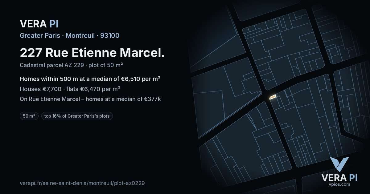 227 Rue Etienne Marcel, Montreuil at night – the plot lit, the parcels around coloured by the prices near them