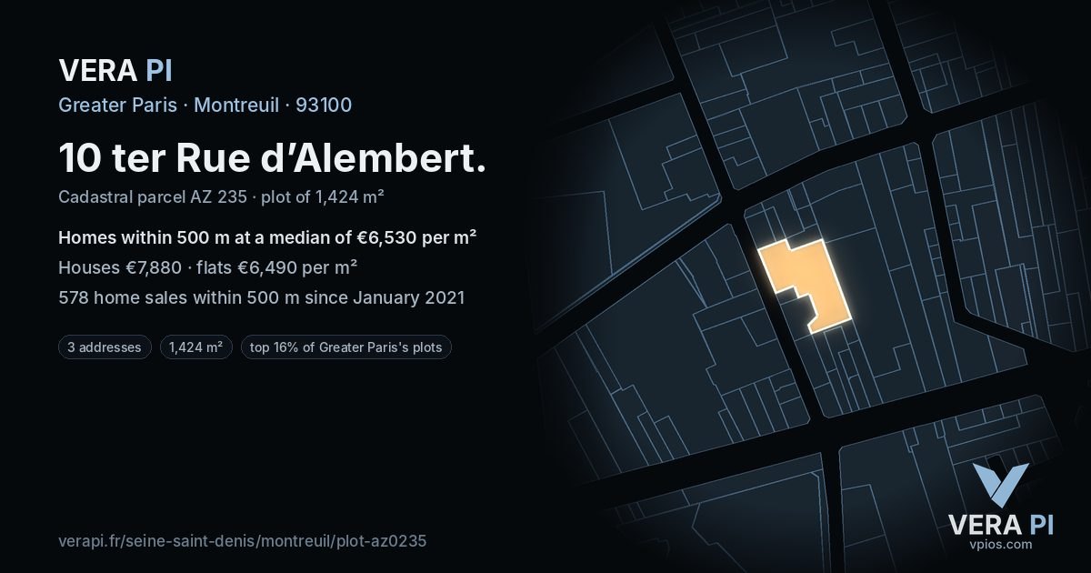 10 ter Rue d’Alembert, Montreuil at night – the plot lit, the parcels around coloured by the prices near them