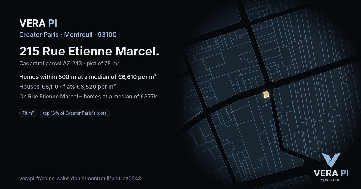 215 Rue Etienne Marcel, Montreuil at night – the plot lit, the parcels around coloured by the prices near them