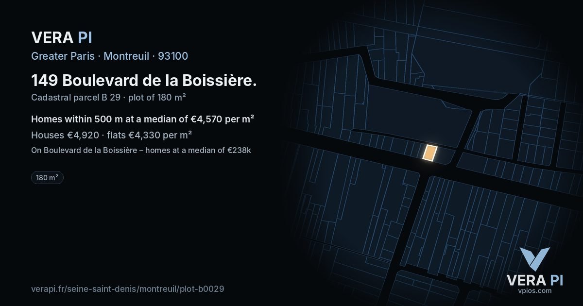 149 Boulevard de la Boissière, Montreuil at night – the plot lit, the parcels around coloured by the prices near them