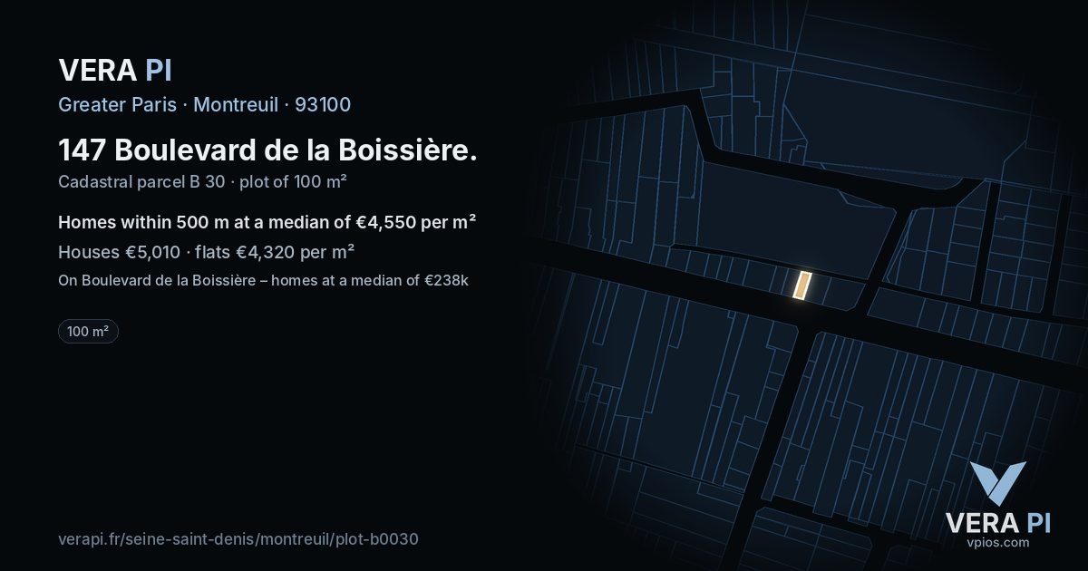 147 Boulevard de la Boissière, Montreuil at night – the plot lit, the parcels around coloured by the prices near them