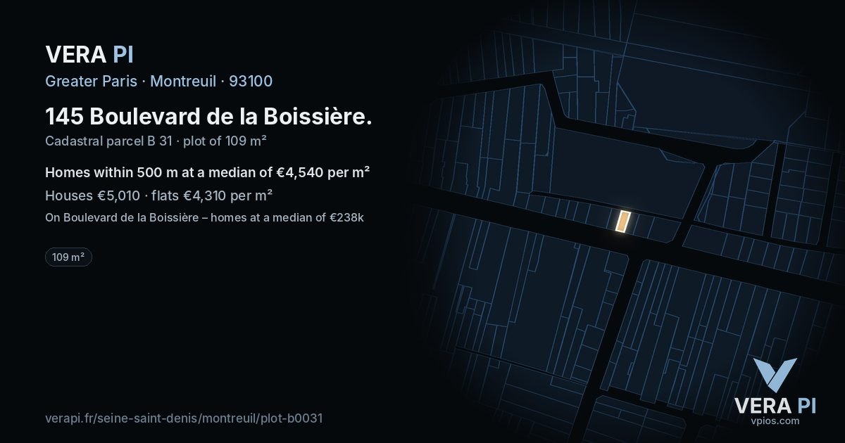 145 Boulevard de la Boissière, Montreuil at night – the plot lit, the parcels around coloured by the prices near them