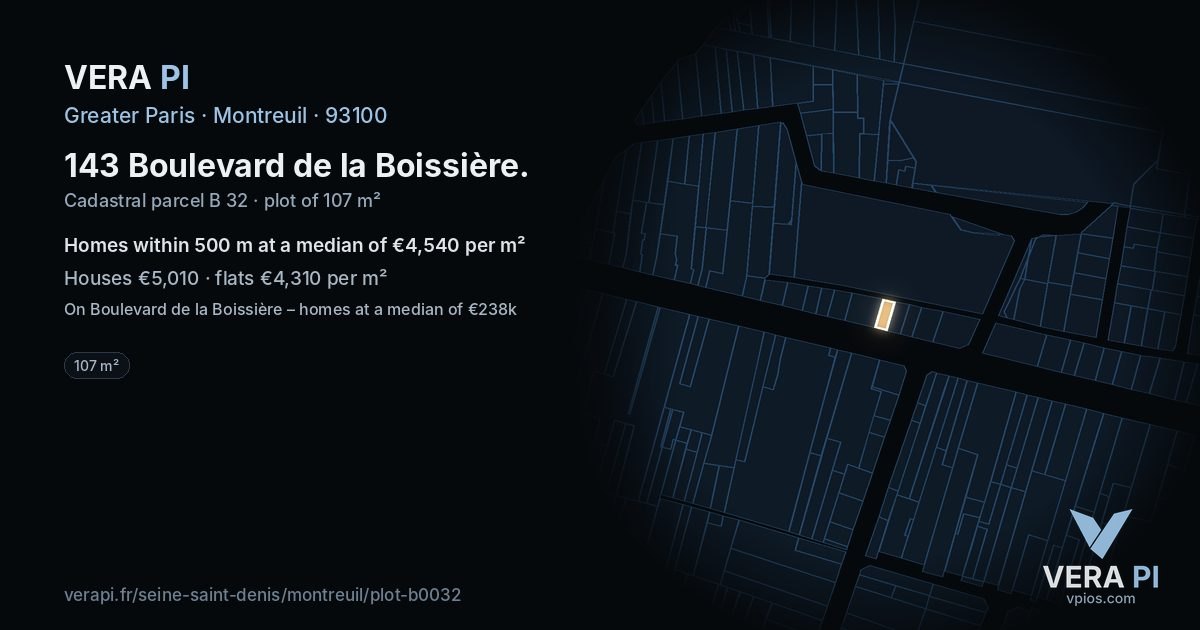 143 Boulevard de la Boissière, Montreuil at night – the plot lit, the parcels around coloured by the prices near them