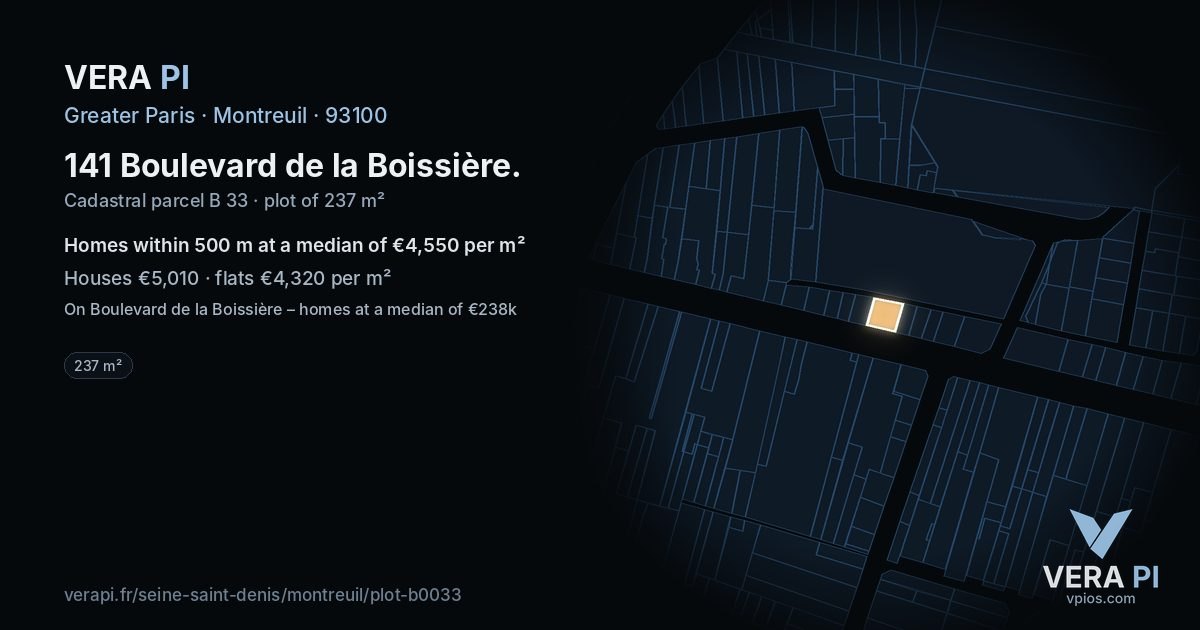 141 Boulevard de la Boissière, Montreuil at night – the plot lit, the parcels around coloured by the prices near them