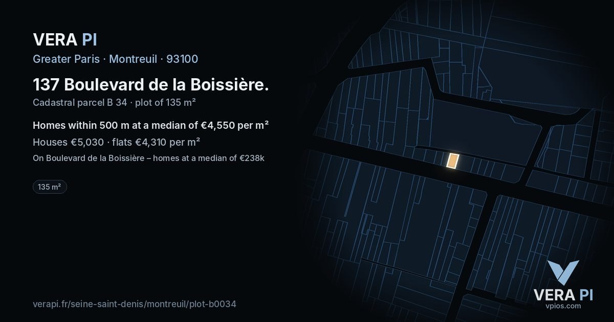 137 Boulevard de la Boissière, Montreuil at night – the plot lit, the parcels around coloured by the prices near them