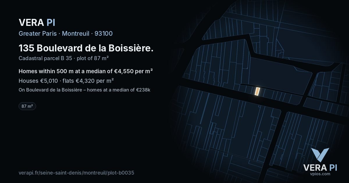 135 Boulevard de la Boissière, Montreuil at night – the plot lit, the parcels around coloured by the prices near them