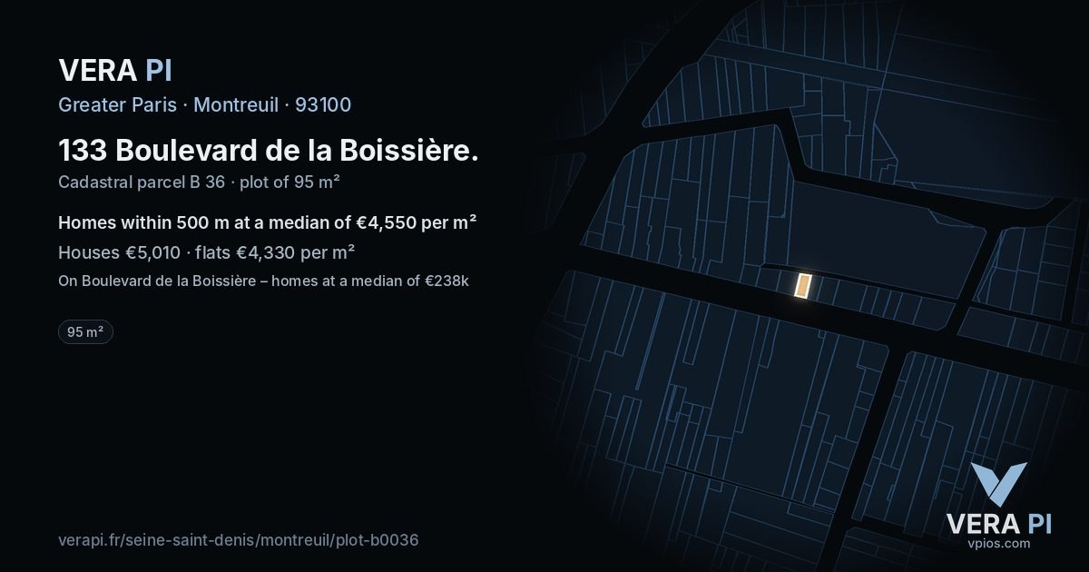 133 Boulevard de la Boissière, Montreuil at night – the plot lit, the parcels around coloured by the prices near them