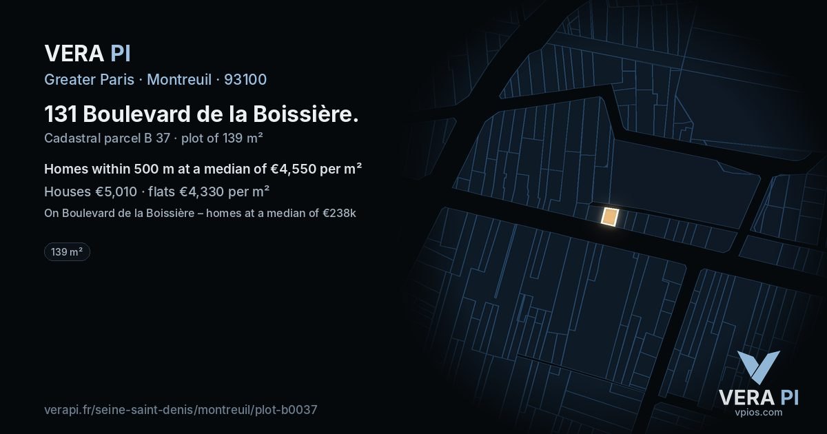 131 Boulevard de la Boissière, Montreuil at night – the plot lit, the parcels around coloured by the prices near them