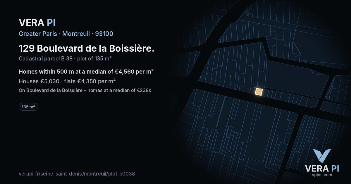 129 Boulevard de la Boissière, Montreuil at night – the plot lit, the parcels around coloured by the prices near them