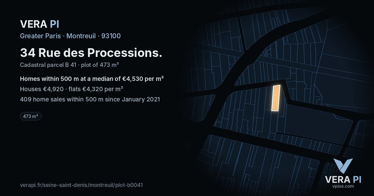 34 Rue des Processions, Montreuil at night – the plot lit, the parcels around coloured by the prices near them