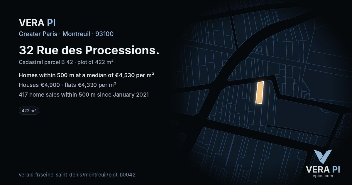 32 Rue des Processions, Montreuil at night – the plot lit, the parcels around coloured by the prices near them