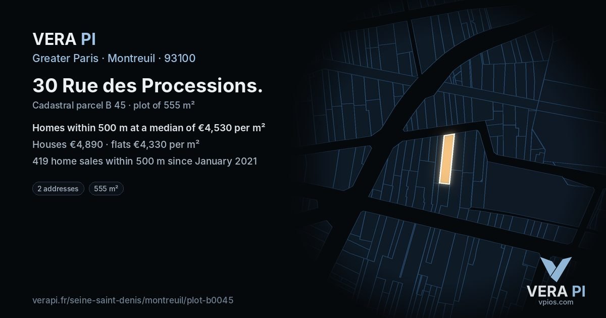 30 Rue des Processions, Montreuil at night – the plot lit, the parcels around coloured by the prices near them