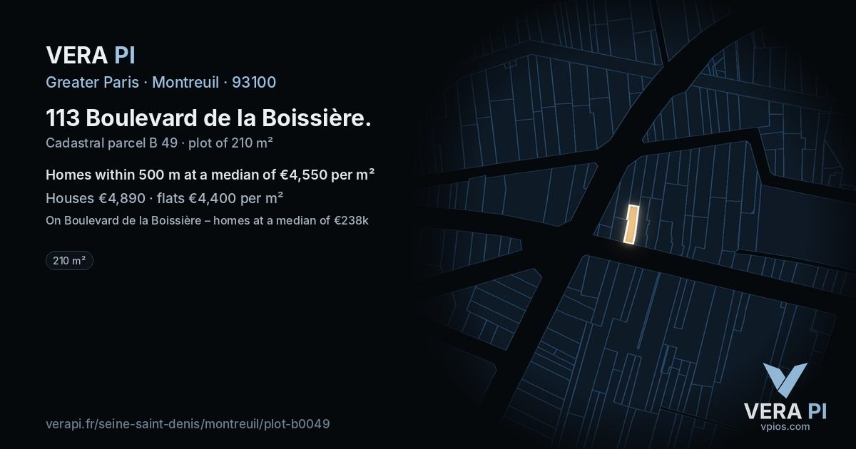 113 Boulevard de la Boissière, Montreuil at night – the plot lit, the parcels around coloured by the prices near them