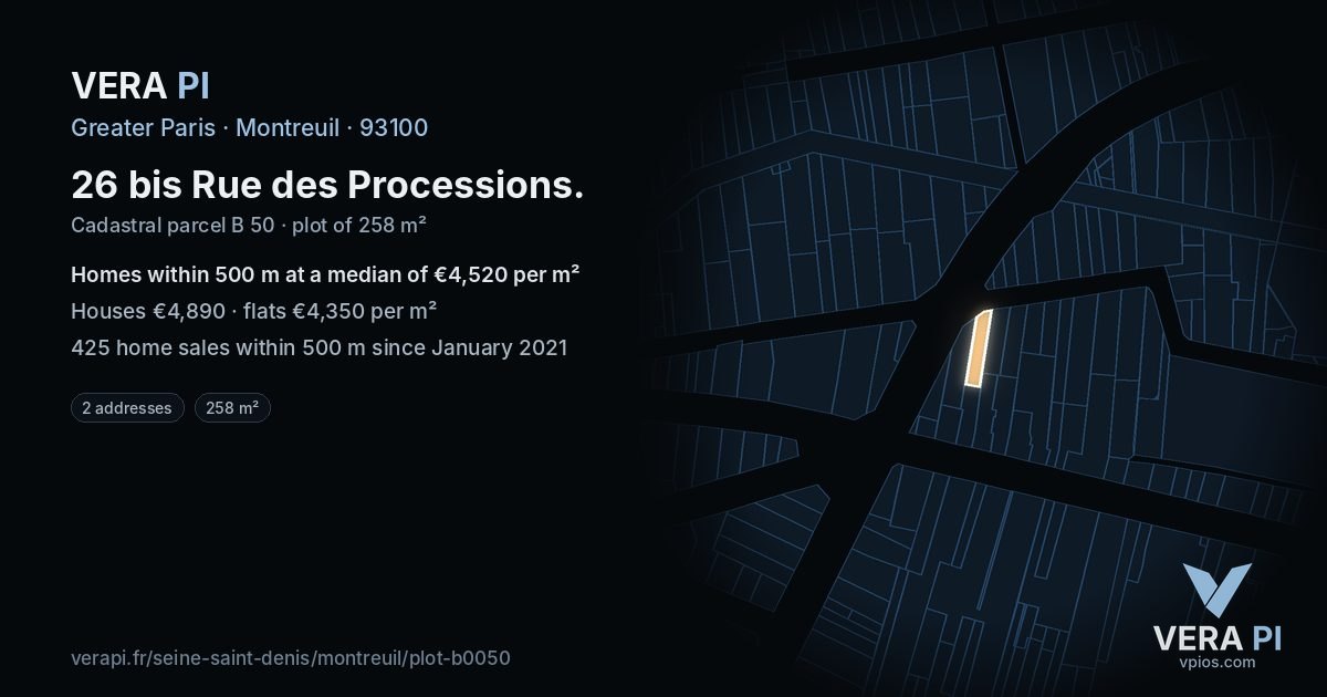 26 bis Rue des Processions, Montreuil at night – the plot lit, the parcels around coloured by the prices near them