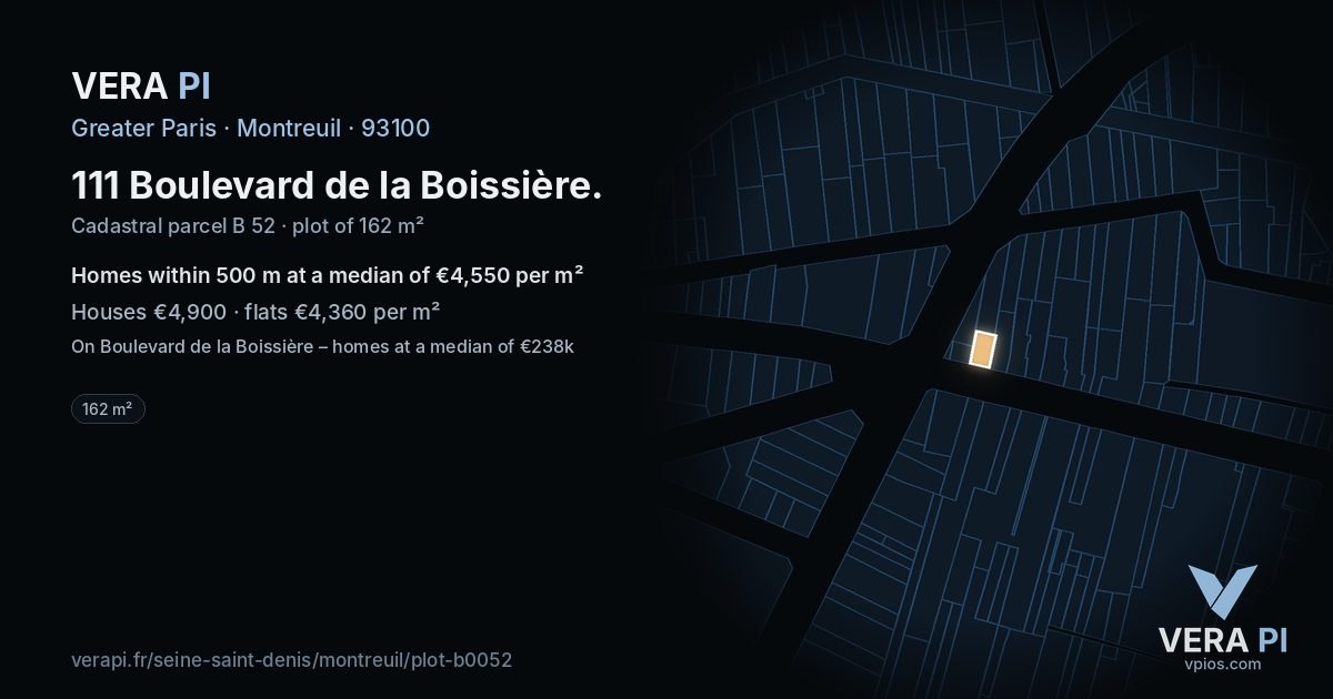 111 Boulevard de la Boissière, Montreuil at night – the plot lit, the parcels around coloured by the prices near them