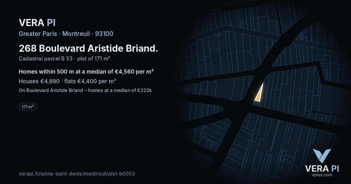 268 Boulevard Aristide Briand, Montreuil at night – the plot lit, the parcels around coloured by the prices near them