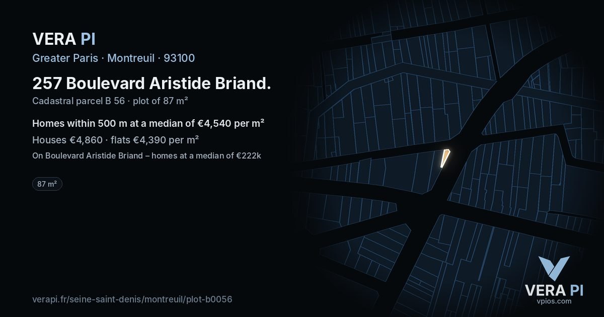 257 Boulevard Aristide Briand, Montreuil at night – the plot lit, the parcels around coloured by the prices near them