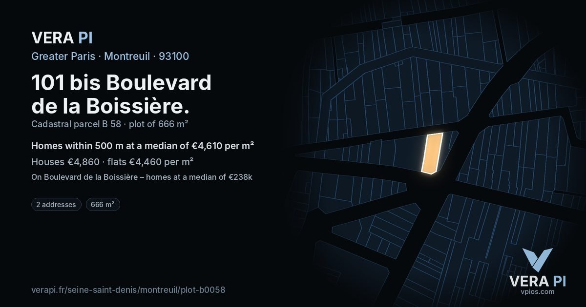101 bis Boulevard de la Boissière, Montreuil at night – the plot lit, the parcels around coloured by the prices near them
