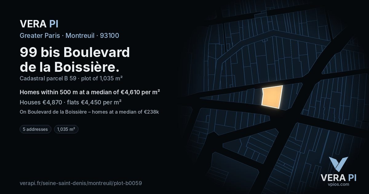 99 bis Boulevard de la Boissière, Montreuil at night – the plot lit, the parcels around coloured by the prices near them