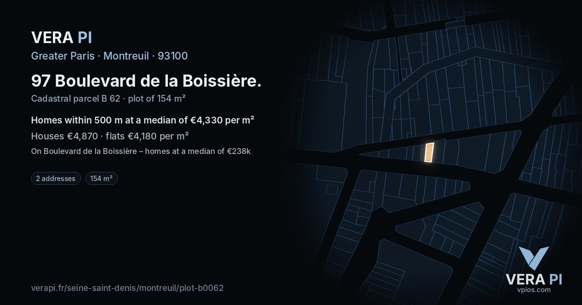 97 Boulevard de la Boissière, Montreuil at night – the plot lit, the parcels around coloured by the prices near them