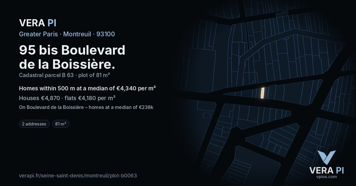 95 bis Boulevard de la Boissière, Montreuil at night – the plot lit, the parcels around coloured by the prices near them