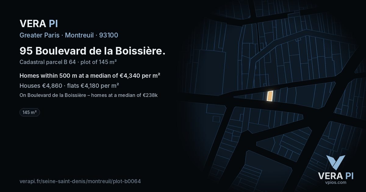 95 Boulevard de la Boissière, Montreuil at night – the plot lit, the parcels around coloured by the prices near them