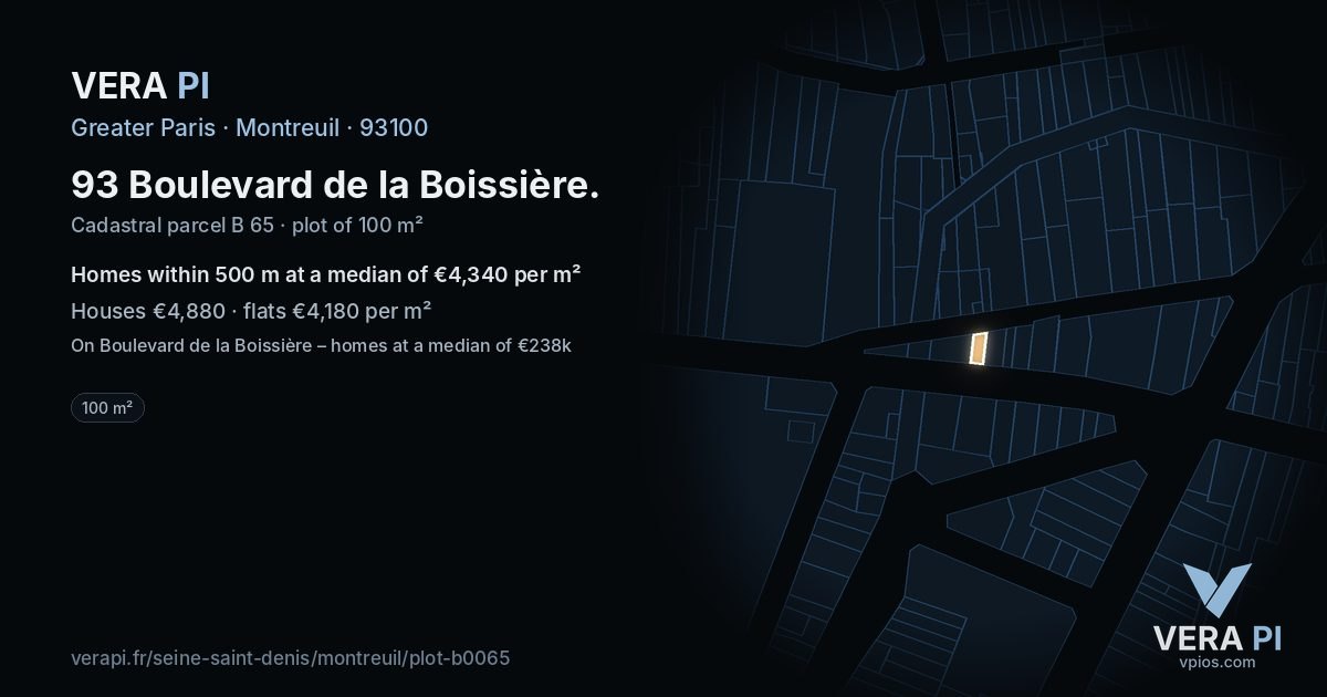93 Boulevard de la Boissière, Montreuil at night – the plot lit, the parcels around coloured by the prices near them