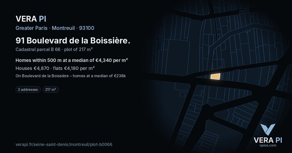 91 Boulevard de la Boissière, Montreuil at night – the plot lit, the parcels around coloured by the prices near them