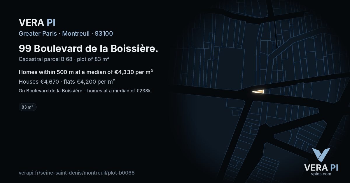 99 Boulevard de la Boissière, Montreuil at night – the plot lit, the parcels around coloured by the prices near them