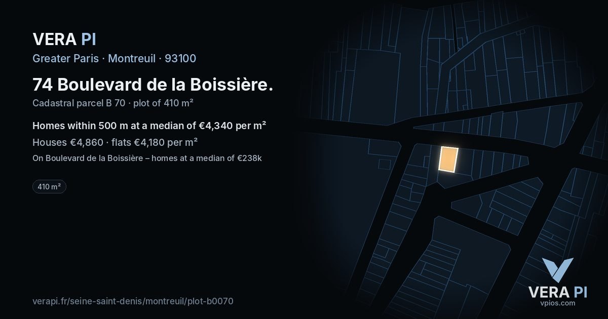 74 Boulevard de la Boissière, Montreuil at night – the plot lit, the parcels around coloured by the prices near them