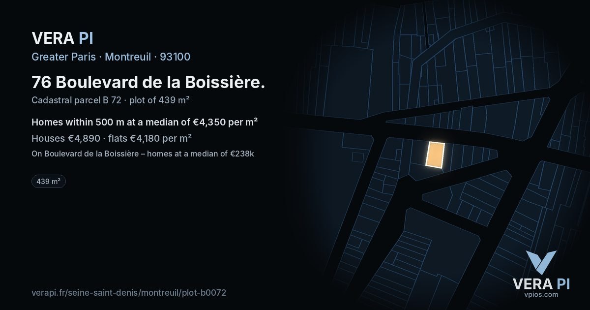 76 Boulevard de la Boissière, Montreuil at night – the plot lit, the parcels around coloured by the prices near them