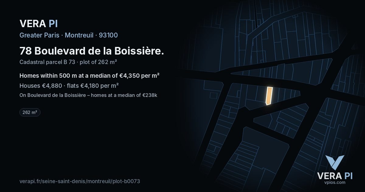 78 Boulevard de la Boissière, Montreuil at night – the plot lit, the parcels around coloured by the prices near them