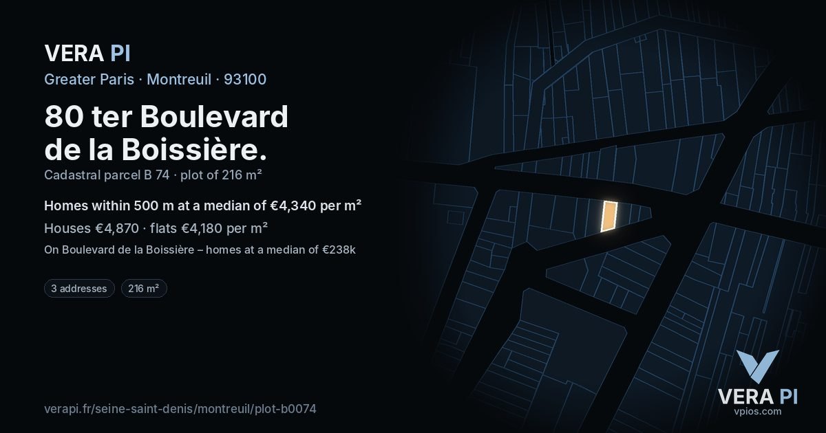 80 ter Boulevard de la Boissière, Montreuil at night – the plot lit, the parcels around coloured by the prices near them