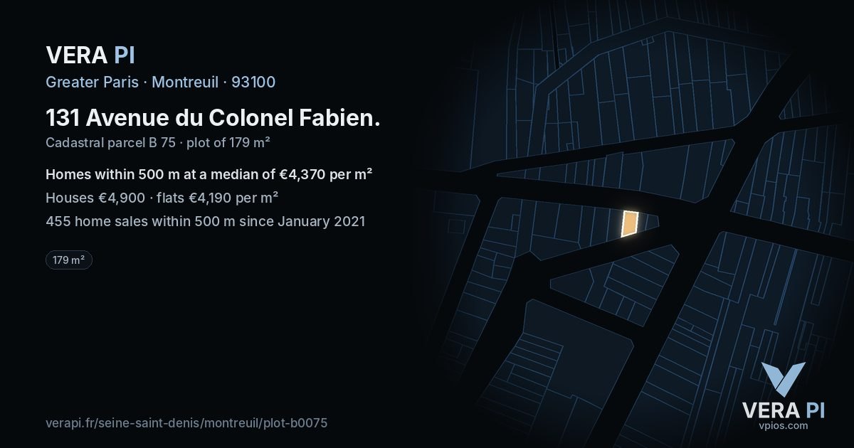 131 Avenue du Colonel Fabien, Montreuil at night – the plot lit, the parcels around coloured by the prices near them