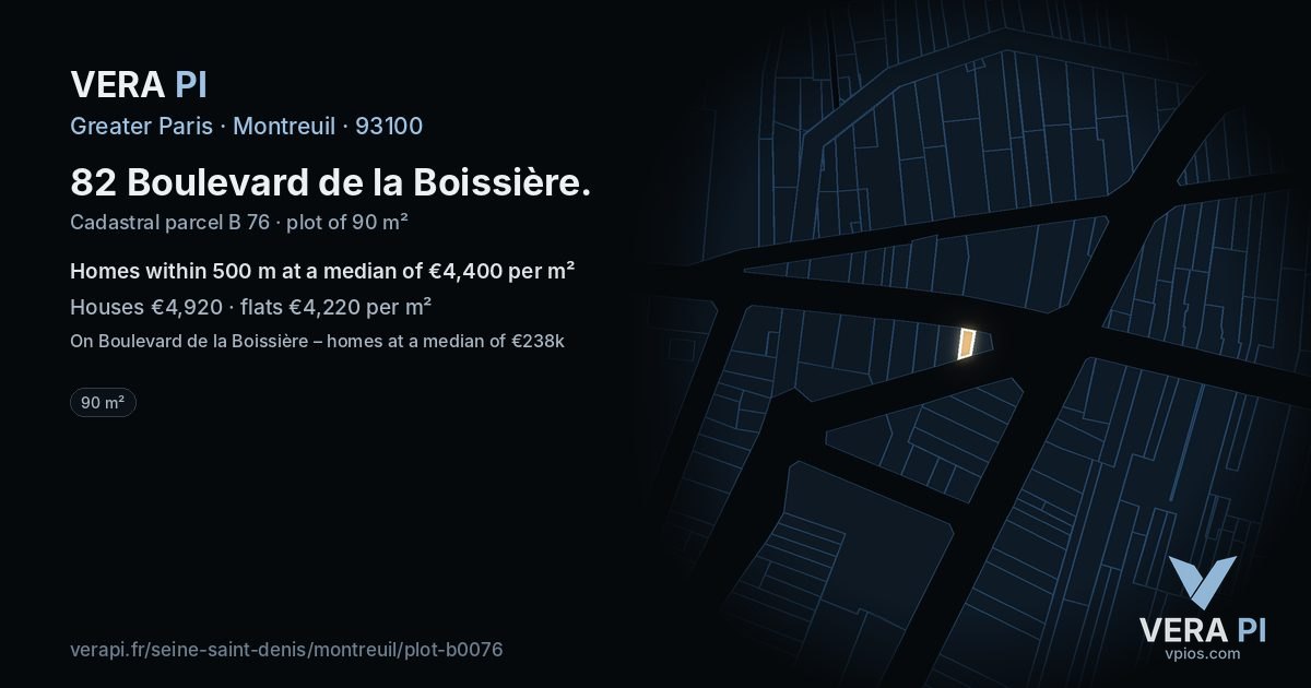 82 Boulevard de la Boissière, Montreuil at night – the plot lit, the parcels around coloured by the prices near them