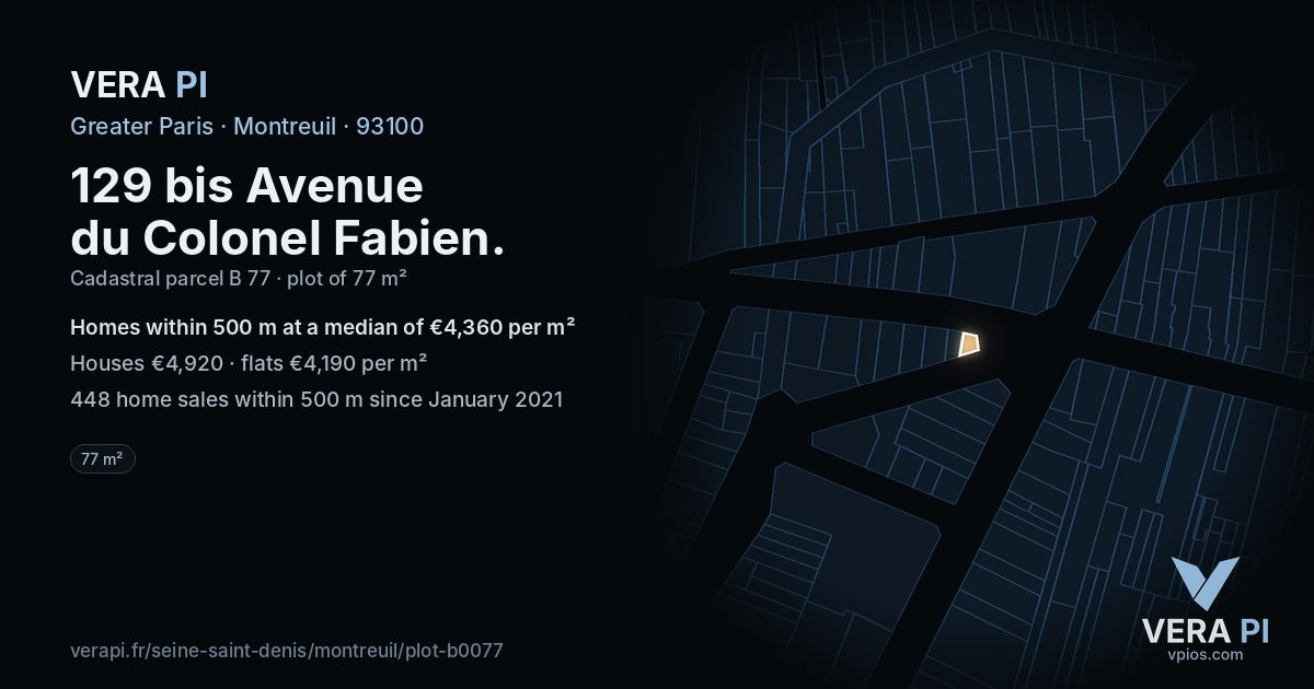 129 bis Avenue du Colonel Fabien, Montreuil at night – the plot lit, the parcels around coloured by the prices near them